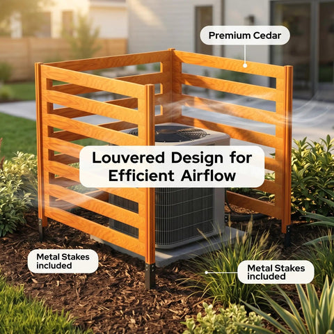Solid Cedar 3 Panel Privacy Fence Screen For Air Conditioner 36x36 Inches With 4 Metal Stakes Quick Assembly Outdoor Decor