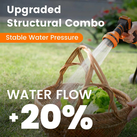 Hand holding a hose nozzle watering a wicker basket with Retractable Wall Mounted Garden Hose Reel Half Inch By One Hundred Feet With Auto Rewind And Lock At Any Length In Dark Gray For Easy Tidy Ready To Use Outdoor Water Hose Setup.