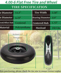 Flat Free 13 Inch Wheelbarrow Tire and Wheel Replacement, 4.00-6 Size, Solid Wheelbarrow Wheel with 1.75 Inch Centered Hub, tire specifications shown