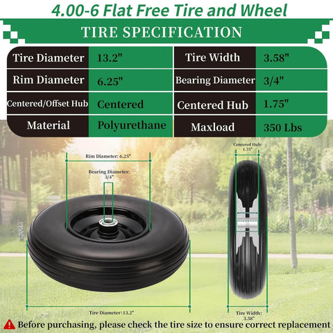 Flat Free 13 Inch Wheelbarrow Tire and Wheel Replacement, 4.00-6 Size, Solid Wheelbarrow Wheel with 1.75 Inch Centered Hub, tire specifications shown
