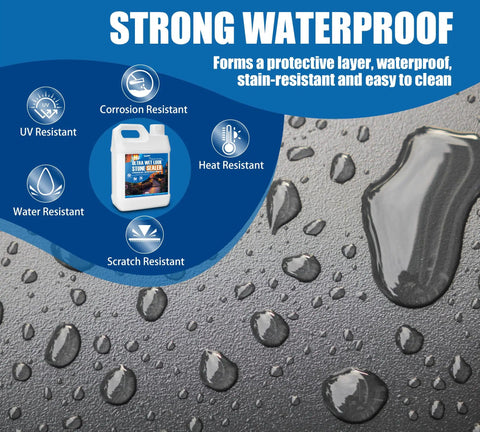 Top Shelf Wet Look Stone Sealer And Concrete Shield Comes With A Hassle Free Trigger Spray To Lay Down A Slick Coating On Driveways And Patios Enhances Natural Texture While Keeping Moisture Out Smoothly, showing waterproof features.