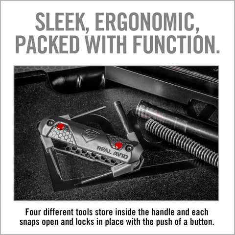 Top Shelf 4 In 1 Glock Armorer Multi Tool For Pistol Care With Magnetic Sight Driver and Pin Punch on black background.