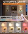 Wireless Wall Sconces Set Of Two With 5300mAh Battery And Remote Control Fifteen Dimmable Colors Fabric Shade Brushed Gold for bedroom with remote.