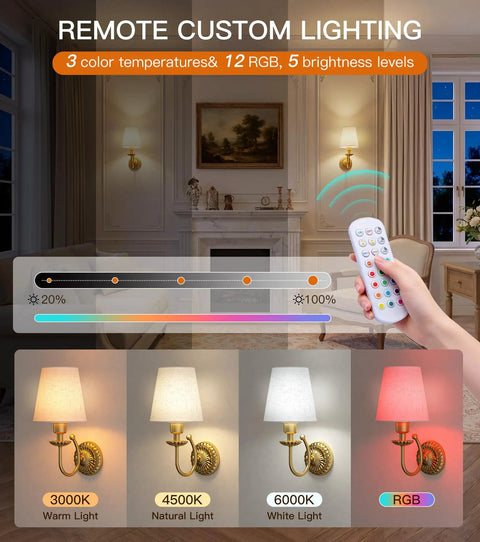 Wireless Wall Sconces Set Of Two With 5300mAh Battery And Remote Control Fifteen Dimmable Colors Fabric Shade Brushed Gold for bedroom with remote.