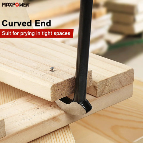 MAXPOWER 3-piece curved-end pry bar set (6in, 12in, 16in) in black steel, close-up view