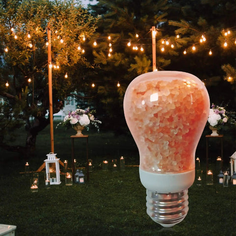 Salt Light Bulbs 60 Watt Equivalent 7W Dimmable LED A19 Salt Lamp Bulbs With Warm Amber Glow set in outdoor night scene