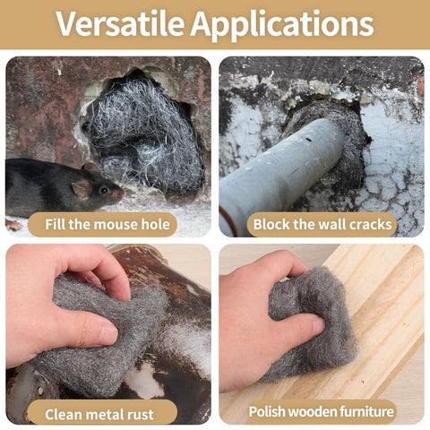 Four Pack Steel Wool For Mice Control 3.1 Inch By 13 Foot Coarse Grade Gap Filler demonstrating various home uses