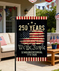Celebrating 250th Anniversary USA Garden Flag For Outdoor Display with 250 Years design, stars, stripes, 1776-2026, on a porch.
