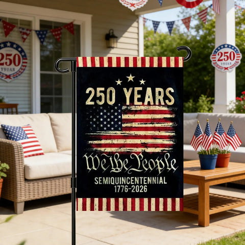 Celebrating 250th Anniversary USA Garden Flag For Outdoor Display with 250 Years design, stars, stripes, 1776-2026, on a porch.