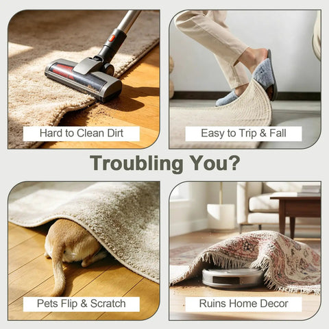 Vacuum and pets disturbing rugs; hazards without 12 Pack Rug Grip Pads For Hardwood Floors And Tiles Non Slip Rug Grippers.