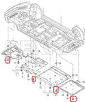 Diagram showing installation points for 30 Piece T25 Self Tapping Torx Screws For Fender Liner Splash Shield And Bumper Cover on vehicle undercarriage.