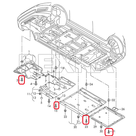 Diagram showing installation points for 30 Piece T25 Self Tapping Torx Screws For Fender Liner Splash Shield And Bumper Cover on vehicle undercarriage.