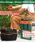 Person sitting on a Garden Kneeler And Seat For Easy Potting, Weeding And Outdoor Tasks with a detachable tool pouch.