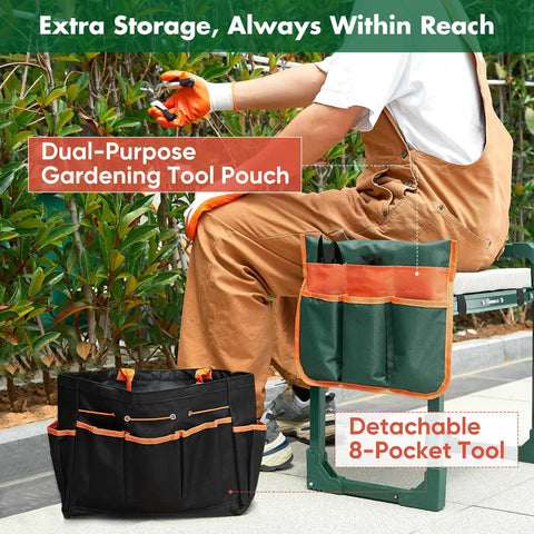 Person sitting on a Garden Kneeler And Seat For Easy Potting, Weeding And Outdoor Tasks with a detachable tool pouch.