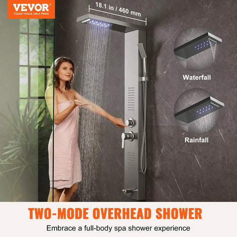 Slick Stainless Steel Shower Panel Tower Featuring Five Kickass Spray Modes, Smooth Knob Control, Rainfall Showerhead, Waterfall Stream, Dual Body Massage Jets, Bathtub Spout, And Handheld Sprayer Kit