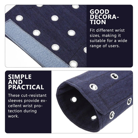 Lightweight Cut Resistant Wrist Guards With Breathable Mesh Sleeves For Mechanics And Yard Work showing dark blue fabric and durable eyelets.