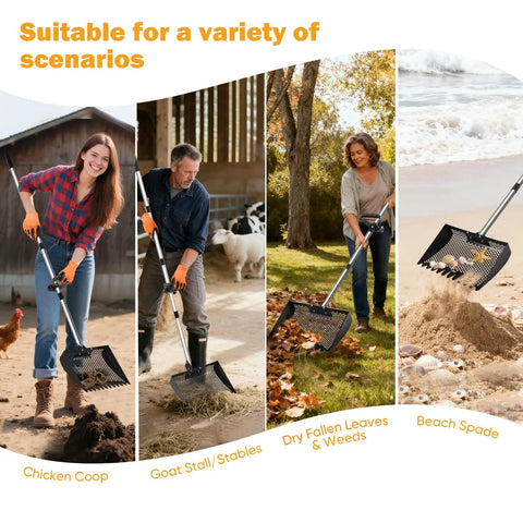 Heavy Duty 12 Inch 2-In-1 Chicken Poop Scooper And Rake With Ergonomic Grip Adjustable Angle Stainless Steel in various uses