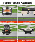 Four different outdoor cooking machines including Solo Stove Pi Prime Pizza, Blackstone 17 inch, Electric Outdoor Grill, Weber Q Propane Grill