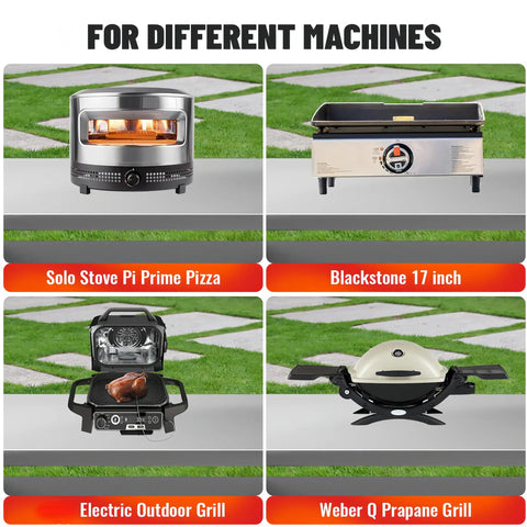 Four different outdoor cooking machines including Solo Stove Pi Prime Pizza, Blackstone 17 inch, Electric Outdoor Grill, Weber Q Propane Grill