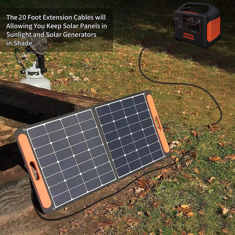 Professional 20 Foot 14 Awg Anderson To 8020 Solar Extension Cord connecting solar panels to a portable power station outdoors.