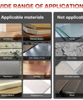 Front view infographic of 4-inch hole saw applications; lists wood/metal/drywall as applicable and glass/concrete/steel as not.