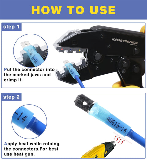 Haisstronica 260pcs heat-shrink spade connectors set; blue insulated male/female terminals with crimp tool and heat gun.