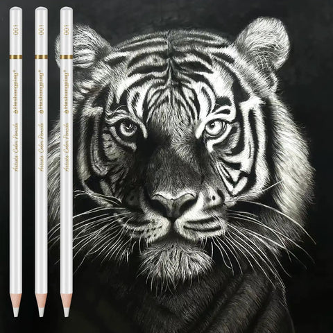 Six Pack White Color Pencils For Sketching On Dark Paper, Perfect For Shading, Blending, And Highlighting, tiger drawing