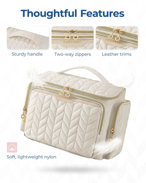 Puffy Nylon Travel Toiletry Bag With Wide Opening For Easy Access, Lightweight 1.1 Lb Makeup Cosmetic Organizer, Waterproof Front Pocket, Haul-Ready Carry Handle, Big Capacity For Stashing Toiletries, Black.