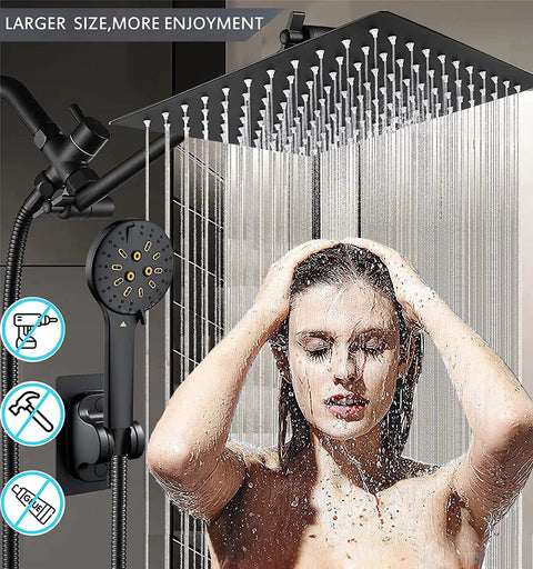 10 Inch High Pressure Rain Shower Head With 6 Settings And Handheld Combo in use, showing water spray, black square finish