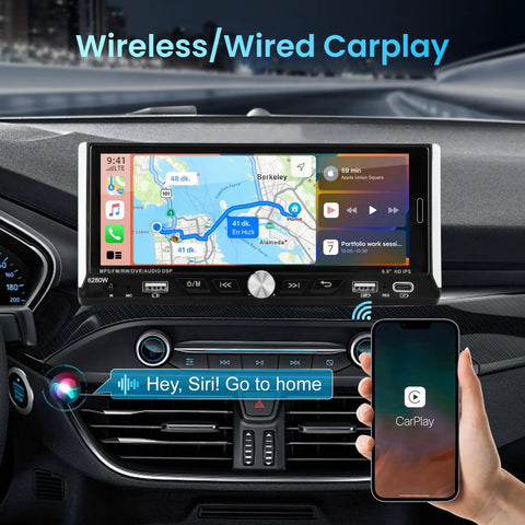 Single Din Car Stereo With Wireless Apple CarPlay And Android Auto 6.9 Inch IPS Touchscreen displaying GPS map interface