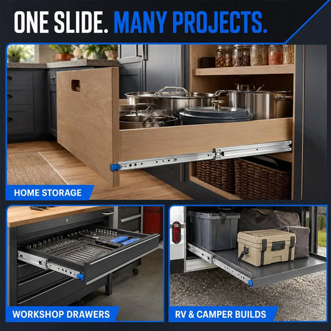 Beefy Heavy Duty Drawer Slides With Lock 500 Lb Capacity Full Extension Side Mount Ultra Smooth Quiet Operation Industrial Grade Steel Ball Bearings Durable 2.5mm Q235 Steel used in home storage, workshop drawers, RV builds