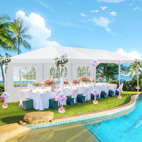 Outdoor 10x30 Ft Party Tent Canopy With 8 Removable Sidewalls, by pool setup for baby shower, BBQ, wedding or backyard parties.