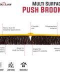 Real Deal Heavy Duty Multi Surface Push Broom Featuring Stain Resistant Coarse Polypropylene Bristles And Solid Plastic Block Head For Tough Garage Chores, showing a polypropylene head with stiff bristles.