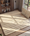 Queen Foldable Floor Bed Frame Built Tough With Heavy Duty Pine Wood Slats Features An Elevated Airflow Gap Hassle Free Setup showing setup in a bright room.