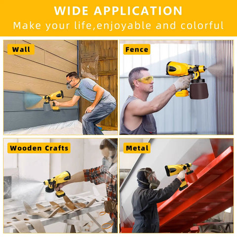 Top Shelf Cordless Paint Sprayer Airless Tool Only Works With DeWalt 20V Batteries featuring applications on wall, fence, wood, and metal.