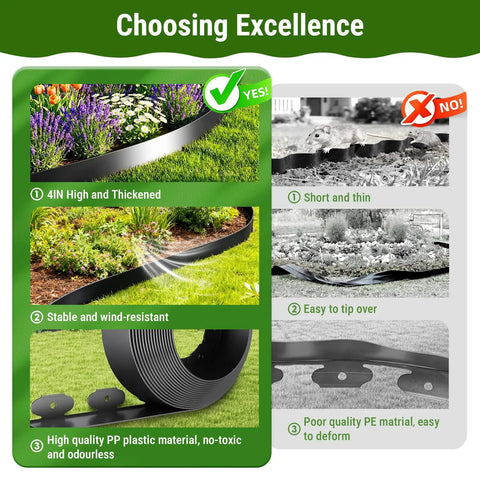 4 Inch Tall Landscape Edging Kit, 100 Ft Flexible Lawn Border With 99 Anchoring Spikes comparison image of features and material quality