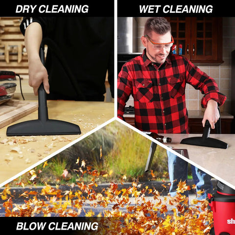 All In One 5 Gallon 4.5 HP Wet Dry Vacuum With Attachments showing dry, wet, and blow cleaning functions.
