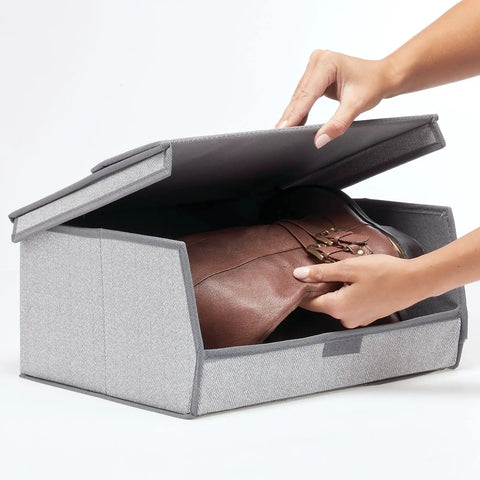 Large Fabric Closet Shoe Storage Box With Clear Window 8 Pack Gray Herringbone Lido Collection Durable Foldable Shoe Bin with boot