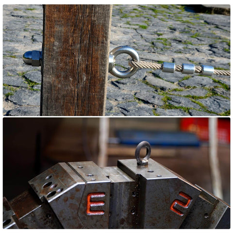 4 Pack M8 60mm Lifting Eye Bolt Set In 304 Stainless Steel With Nuts Lock Washers And Flat Washers installed on wood and metal.