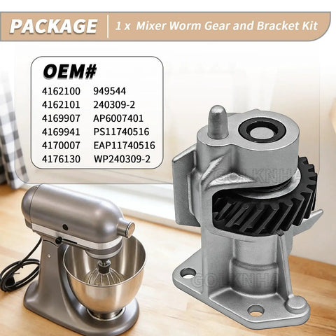 Stand Mixer Worm Gear And Bracket Kit Replacement For Whirlpool Maytag KitchenAid on kitchen counter with OEM numbers