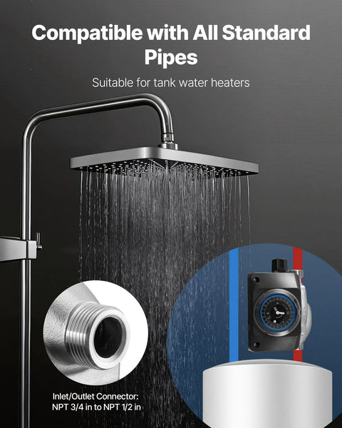 Heavy Duty Hot Water Recirculating Pump Kit With Smart Programmed Timer and Adjustable Bypass Valve For Zero Wait Tanks 10 Gpm Flow Pro Grade Stainless Steel Circulator 110V Setup with compatible shower head and connectors.