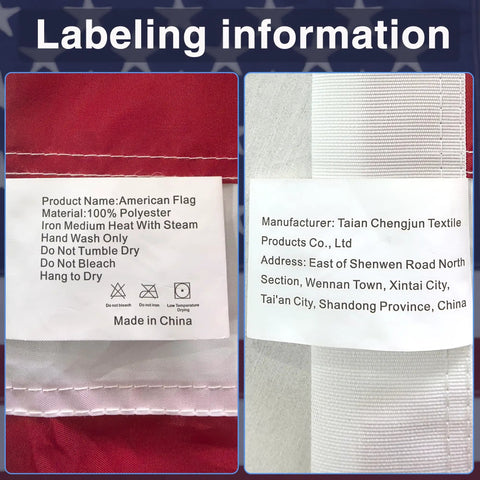 Labeling information on 5x8 Ft US Flag For Outdoor Use High Wind With Embroidered Stars And Sewn Stripes Brass Grommets