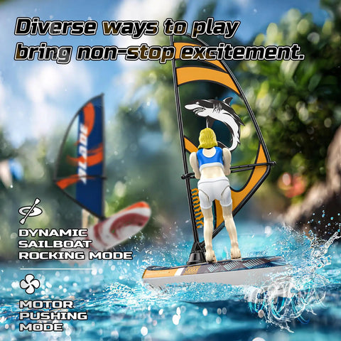 2 Pack Remote Control Sailboats For Kids 2.4GHz RC Boats With LED Lights For Pool Lake And Bathtub Great Summer Outdoor Water Toys Gift For Boys And Girls showing a windsurfer on wavy water with vibrant sail