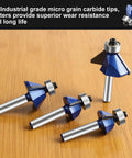 Four 45 Degree Chamfer Router Bit Set For Woodworking, 1/4 Inch Shank, C3 carbide tips on wooden surface