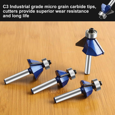 Four 45 Degree Chamfer Router Bit Set For Woodworking, 1/4 Inch Shank, C3 carbide tips on wooden surface