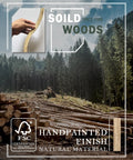 Forestry scene with logs, solid wood sample held by hand, FSC certification, emphasis on natural material and handpainted finish.