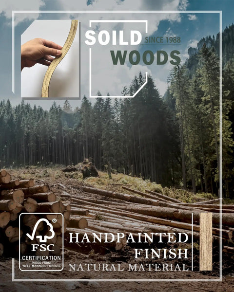 Forestry scene with logs, solid wood sample held by hand, FSC certification, emphasis on natural material and handpainted finish.