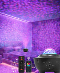 Dope Galaxy Projector For Bedroom With Ocean Light Bluetooth Speaker illuminating room with starry sky effect and remotes shown.