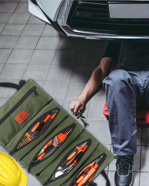 Mechanic using Sturdy Canvas 16oz Tool Roll Up Bag For Wrenches And Tools with five zipper pockets in a garage setting.