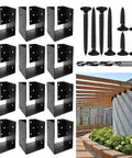 Concealed Joist Hanger Brackets For 3.5 Inch By 5.5 Inch Wood Beams Beefy Heavy Duty U Shaped Steel Brackets Matte Black Powder Coated Ideal For Fence Porch Swing And Handrails 12 Pack, screws, and drill bit displayed with installation example.